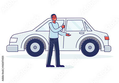 Man car dealer showing new auto for purchase or rent. Vehicle sale service concept