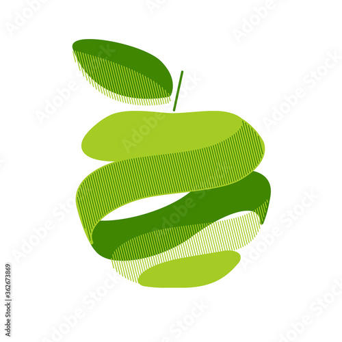 Abstract green apple in the form of a spiral, ribbon with decorative lines on a white background.  Creative vector isolated logo for web, business, emblem, label, logotype, company, trademark.