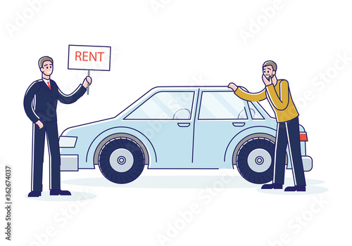 Car rent service with agent giving auto for lease to client. Vehicle rental company