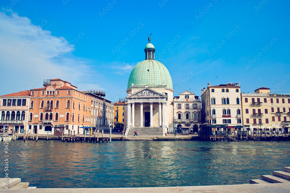 The view on Venice Church of San Simeone Piccolo through Grand canal from railway station 