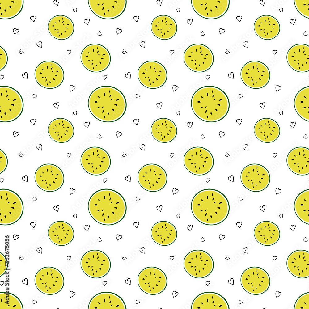 Seamless vector yellow watermelon slices and black little hearts pattern, hand drawning. Fresh summer illustration. Perfect for fabric or wallpaper. Seamless vector yellow watermelon slices and black little hearts pattern, hand drawning. Fresh summer illustration. Perfect for fabric or wallpaper.