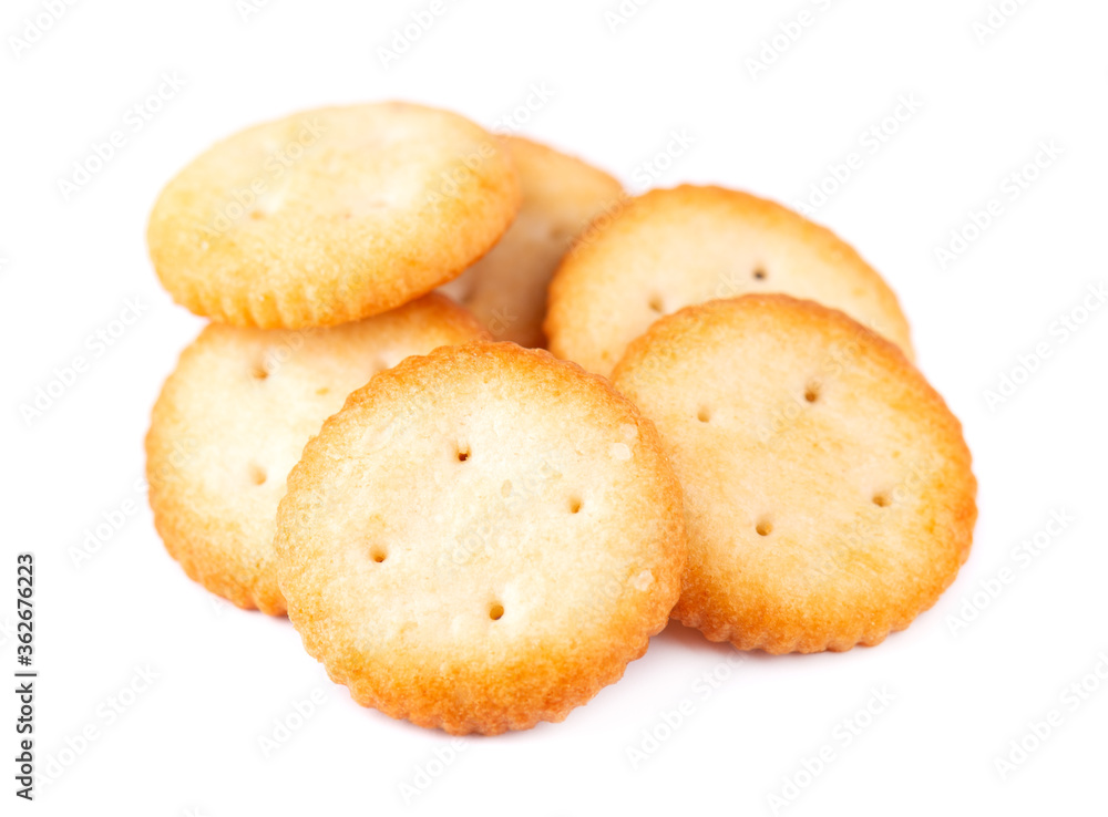 Cracker isolated on white background. Dry cracker cookies isolated. Salty snacks isolated. Top view. Cracker isolated on white background. Dry cracker cookies isolated. Salty snacks isolated. Top view.