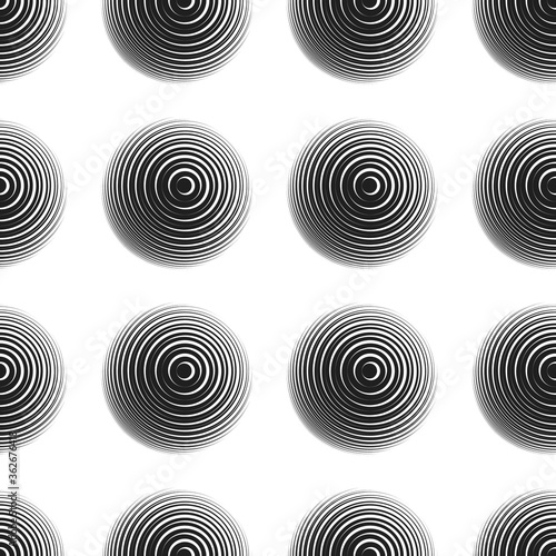 Abstract geometric rings seamless pattern. Optical illusion of volume. Black and white image.