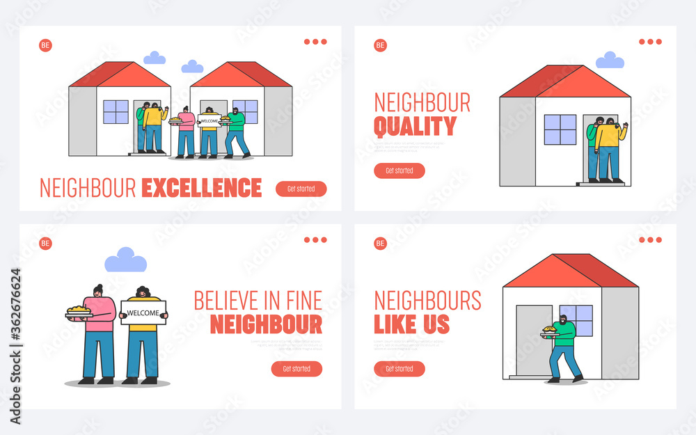Suburb and neighborhood website landing pages set with neighbors welcoming and greeting new people