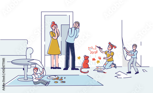 Upset parents and naughty hyperactive kids making mess at home destroying living room