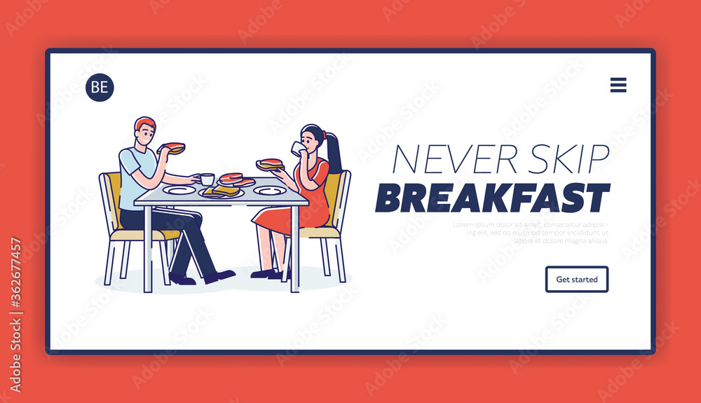 Family having breakfast, lifestyle landing page design. Man and woman eat sandwich and drink coffee Family having breakfast, lifestyle landing page design. Man and woman eat sandwich and drink coffee
