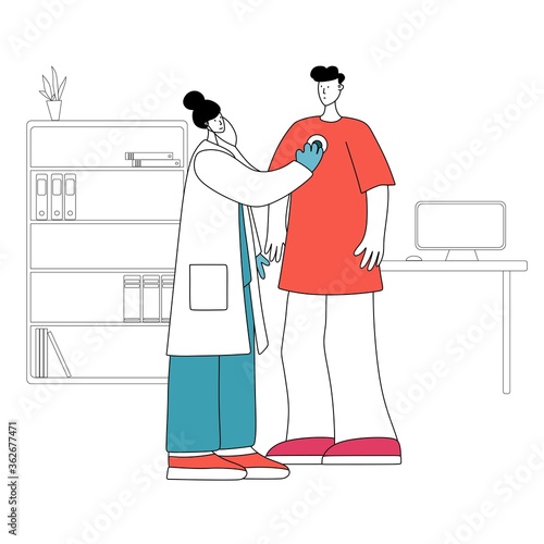 Pulmonology Healthcare. Doctors Check Human Tuberculosis Lungs. Cartoon Flat Vector Illustration, Line Art