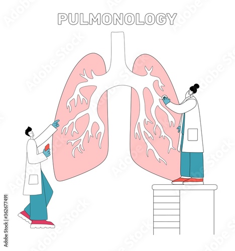 Flat tiny doctors and lungs. Healthcare persons concept. Abstract respiratory system examination and treatment. Internal organ inspection check for illness, disease or problems.