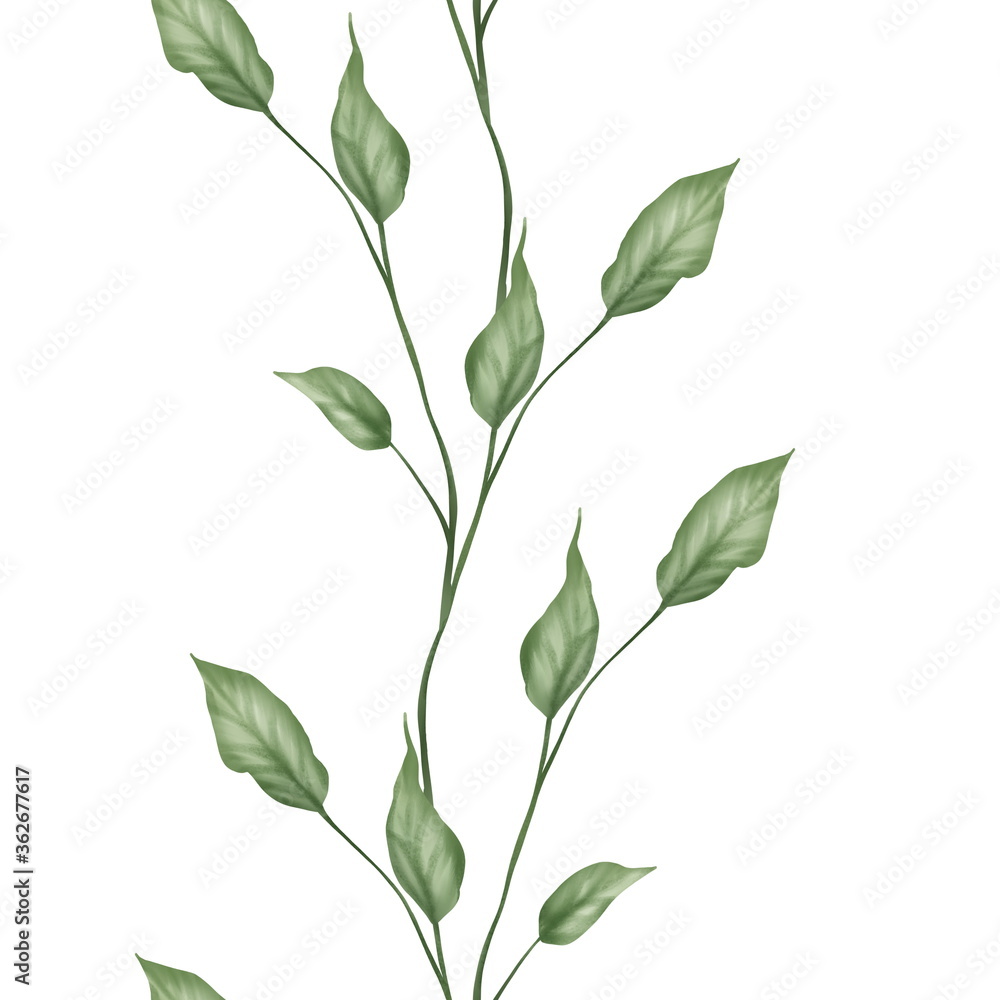 Seamless border pattern of green leaves on white background