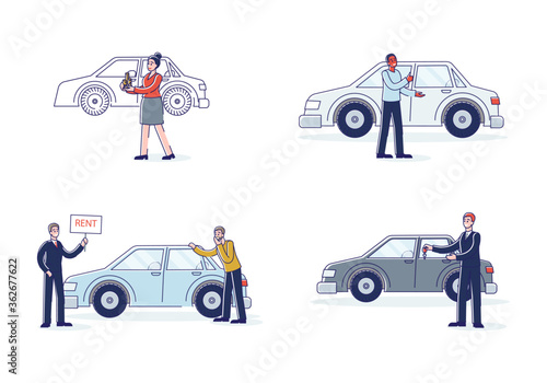Car rent clients. Set of cartoon characters taking cars for rent and dealers selling new vehicles