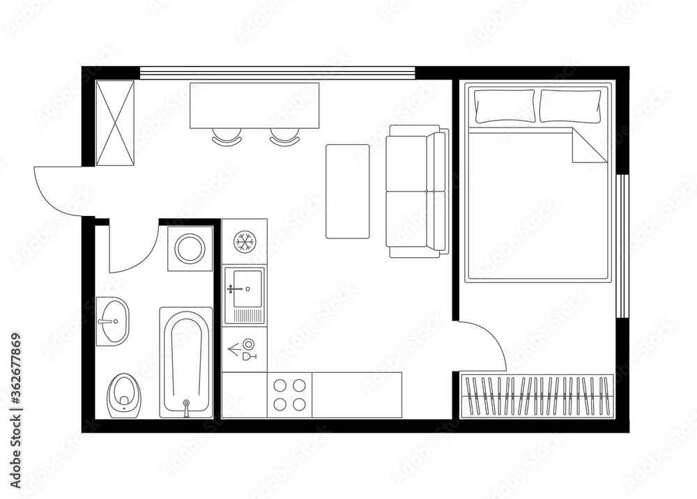 Apartment plan layout studio, condominium, flat, house. One bedroom plan  apartment small space. Interior design elements kitchen, bedroom, bathroom  with furniture. Vector floorplan living room. Stock Vector | Adobe Stock