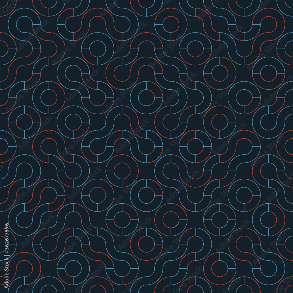 Geometric seamless pattern. Regular Truchet vector repeat background. Light blue and red line shapes on a navy blue background. Geometric seamless pattern. Regular Truchet vector repeat background. Light blue and red line shapes on a navy blue background.