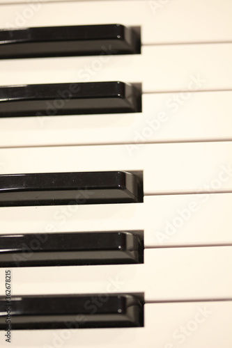Photography row of black and white piano keys on a Piano keyboard.
