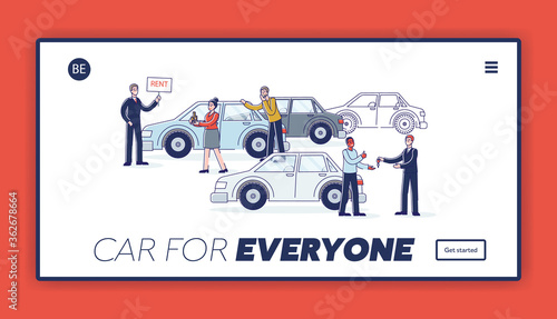 Landing page for car rent center with showroom, dealers selling cars and clients renting vehicle