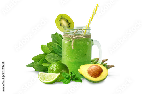 Smoothie vitamin drink made with green fruits and vegetables. Isolated on white background.