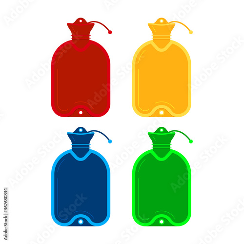 Medical warmer icon set isolated on white background. Red, yellow, blue, green warming pan - rubber hot water bottle or bag. Heat pad flat design cartoon style vector illustration.
