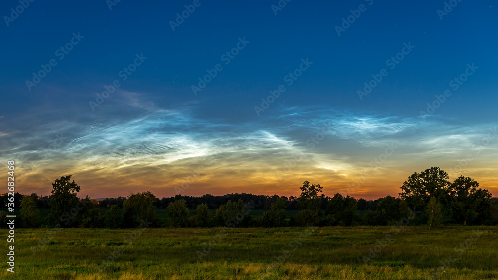 Night landscape with silvery blue noctilucent clouds (NLC) shining over the horizon in twilight