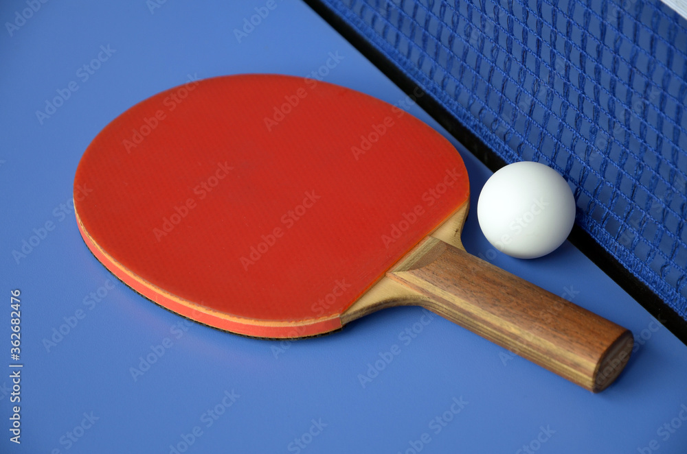 Table Tennis Paddle and ball near net on the blue table Table Tennis Paddle and ball near net on the blue table