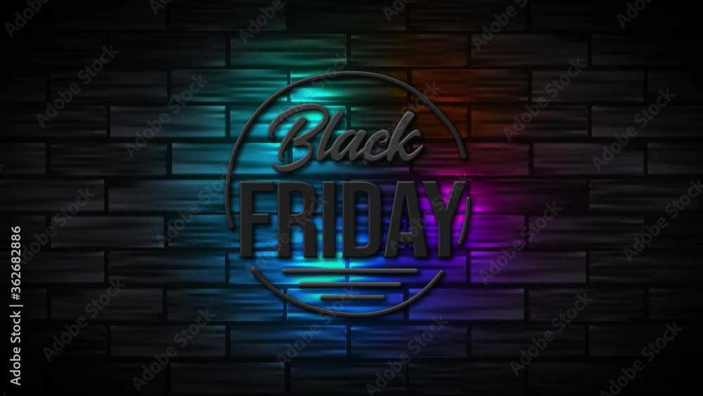 Black Friday sale neon sign on a brick wall background for promo video. Concept of sale and clearance. Concept of advertising and sale promo for seasonal offer with modern glowing neon text. Black Friday sale neon sign on a brick wall background for promo video. Concept of sale and clearance. Concept of advertising and sale promo for seasonal offer with modern glowing neon text.
