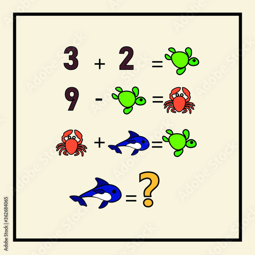 Mathematical riddle. Children funny riddle entertainment. Sheet right answer. Vector activity page and game.