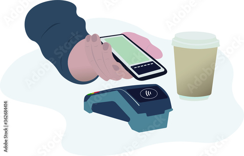 vector illustration contactless payment online wallet credit card apple pay by iphone mobile application electronic money blue terminal cash cup of coffee in the office