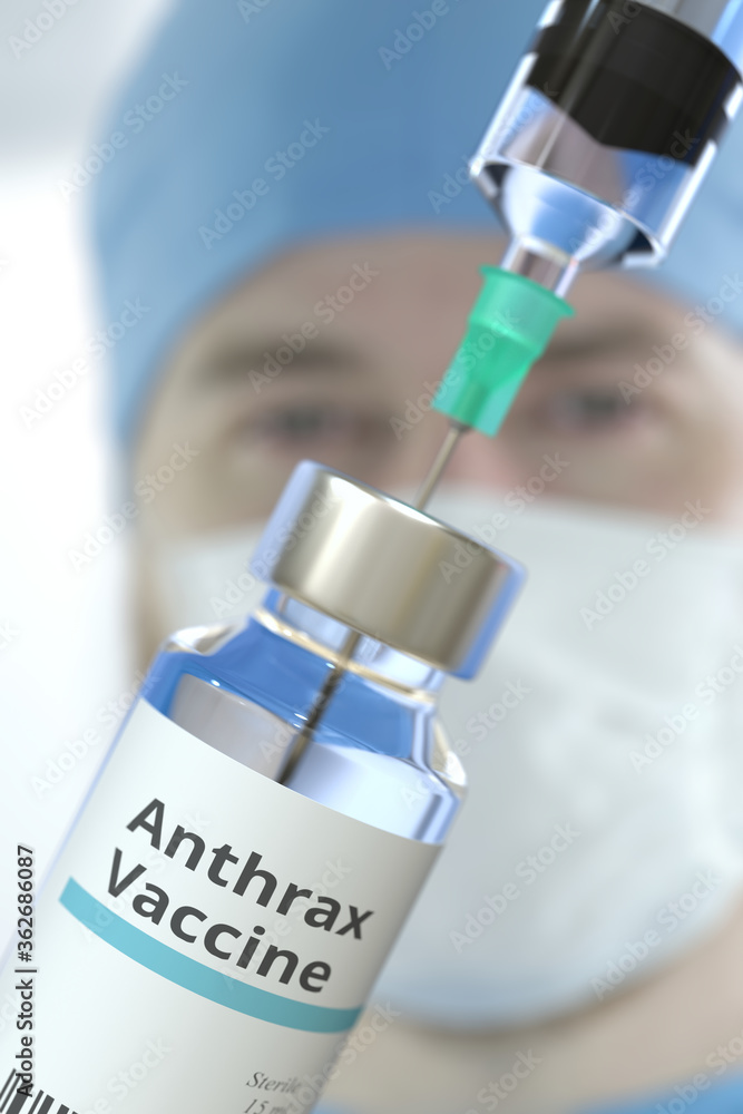 Glass vial with anthrax vaccine and syringe against blurred doctor's face. 3D rendering Glass vial with anthrax vaccine and syringe against blurred doctor's face. 3D rendering