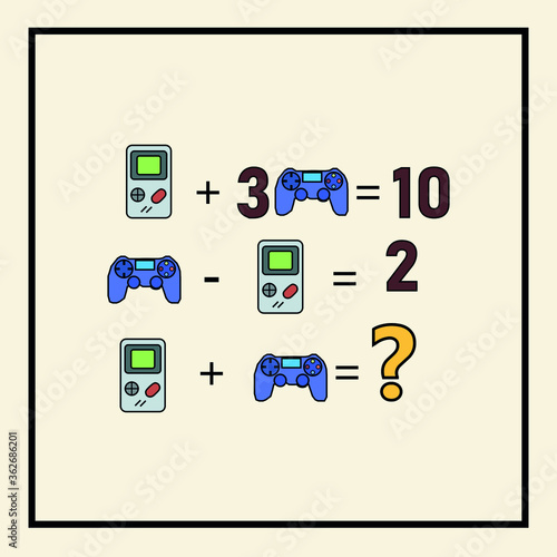 Counting games for kids and adults. Educational math game. Result. Crossword for social networks. Rebus. Riddle for the mind. Riddle with numbers. Vector