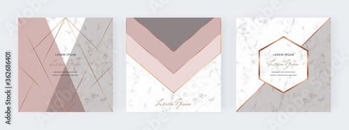 Geometric cover design with nude, grey triangles shapes and gold lines on the marble texture. Template for card, flyer, invitation, party, birthday, wedding, print advertising