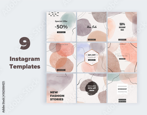 Freehand social media banners with geometric hand painted watercolor shapes. Modern neutral template for flyer, poster, card
