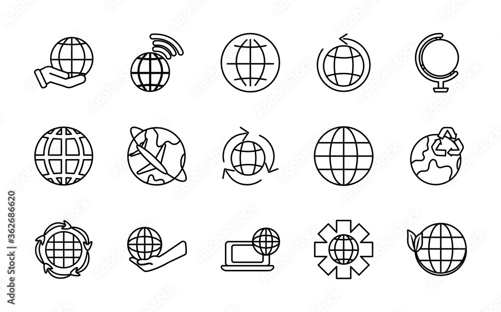 earth planet and world icon set, line style earth planet and world icon set, line style