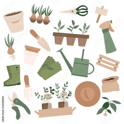 Set of gardening tools. Home garden elements, watering can, grass, garden gloves, cart and potted flowers, soil, hat, spade. boots. Plant lady print, poster, stickers. Urban farming. Season hobby