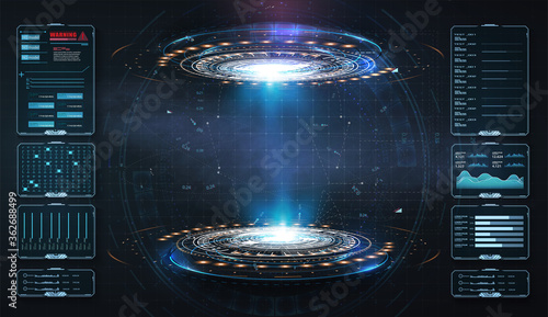 Art design hologram, portals, teleport template. Abstract concept modern technology portal, round tunnels. Magic circle teleport podium. GUI, UI virtual reality projector. Two luminous blue rings. 