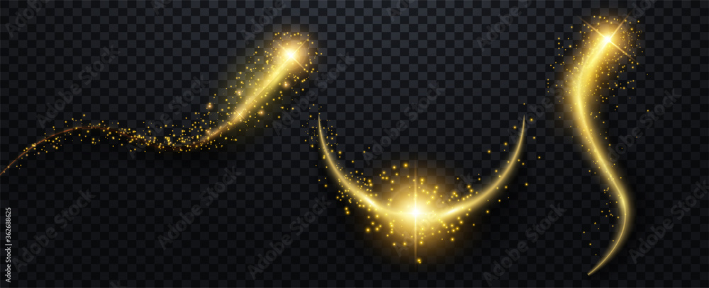 Sparkle stardust. Golden glittering magic vector waves with gold particles collection. Vector illustration - obrazy, fototapety, plakaty 