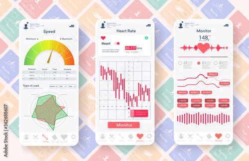 Material Design healthcare, Fitness activity app with heart rate monitor and online analytics. Sport UI, UX template set. GUI for responsive mobile application. Modern mock up Mobile app. Vector 