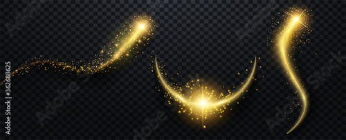 Sparkle stardust. Golden glittering magic vector waves with gold particles collection. Vector illustration