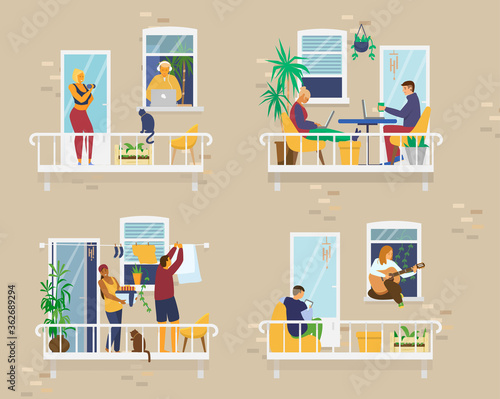 House exterior with people on cozy balconies during quarantine and doing different activities: studying, playing guitar, working, doing yoga, laundry, reading. Neighbours. Flat vector illustration. 