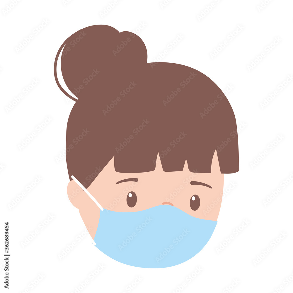 girl face with medical mask, coronavirus covid 19 pandemic isolated icon design white background