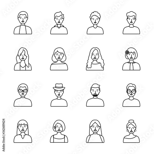 cartoon people and women icon set, line style