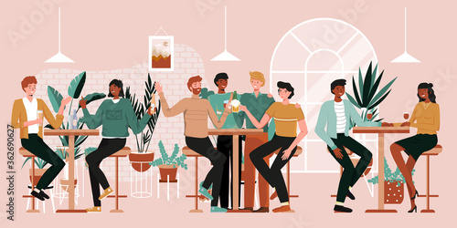 Urban jungle banner, card print. Interior plants decor elements. Winter garden. Tropical leaves, monstera, cacti. People having fun, sitting and drinking. Happy friends, business people at bar party