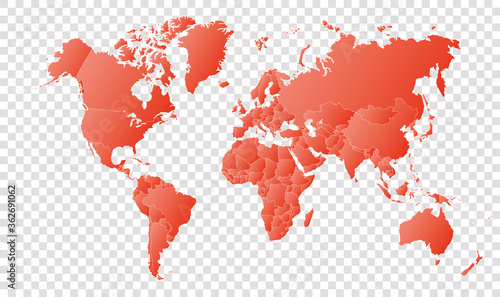 High detail red political world map with country borders. vector illustration of earth map on transparent background