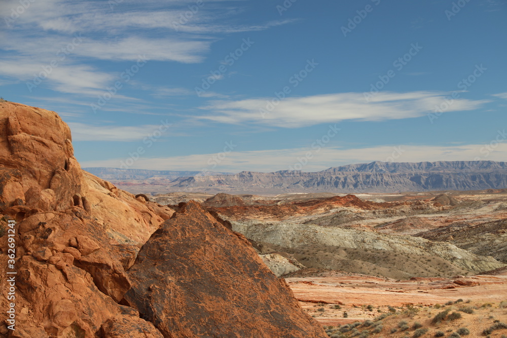 Distant mountain tops in the barren landscape