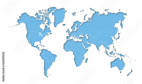 High detail blue political world map with country borders. vector illustration of earth map on white background