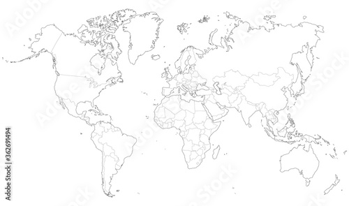 High detail white political world map with country borders. vector illustration of earth map on white background