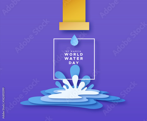 World water day card of papercut pipe tube spill