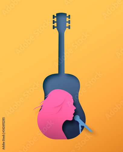 Papercut woman singer in guitar music instrument