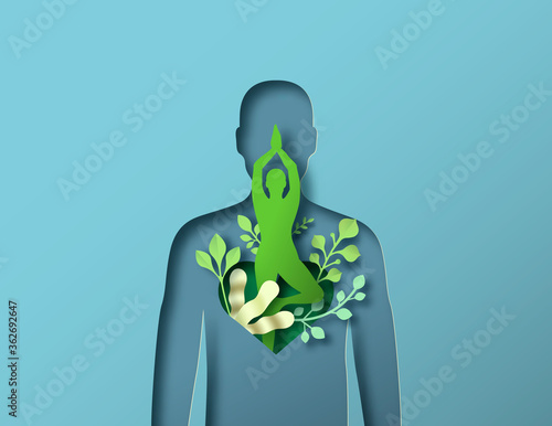 Papercut green man body with tree yoga pose