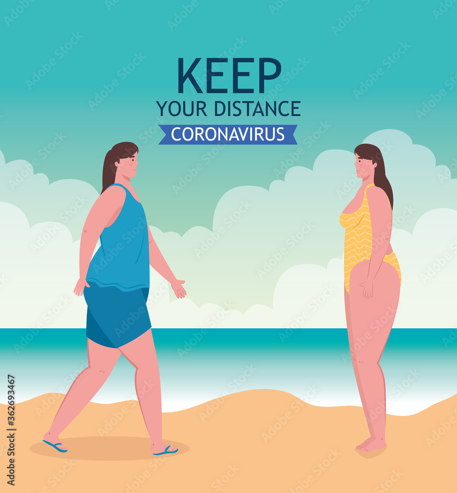 social distancing on the beach, women keep distance, new normal summer beach concept after coronavirus or covid 19 vector illustration design