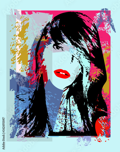 Urban background with girl with punk rock hair and red lips, vector