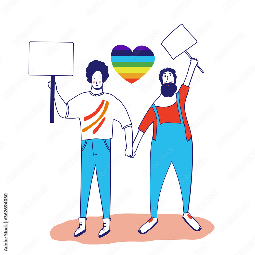 Gay pride. Picket LGBTQ. Different sexual orientation Concept of sexual discrimination protest. Crowd people fight for rights, freedom. illustration in flat style isolated on a white background.