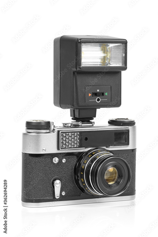 Vintage analog camera with manual flash light